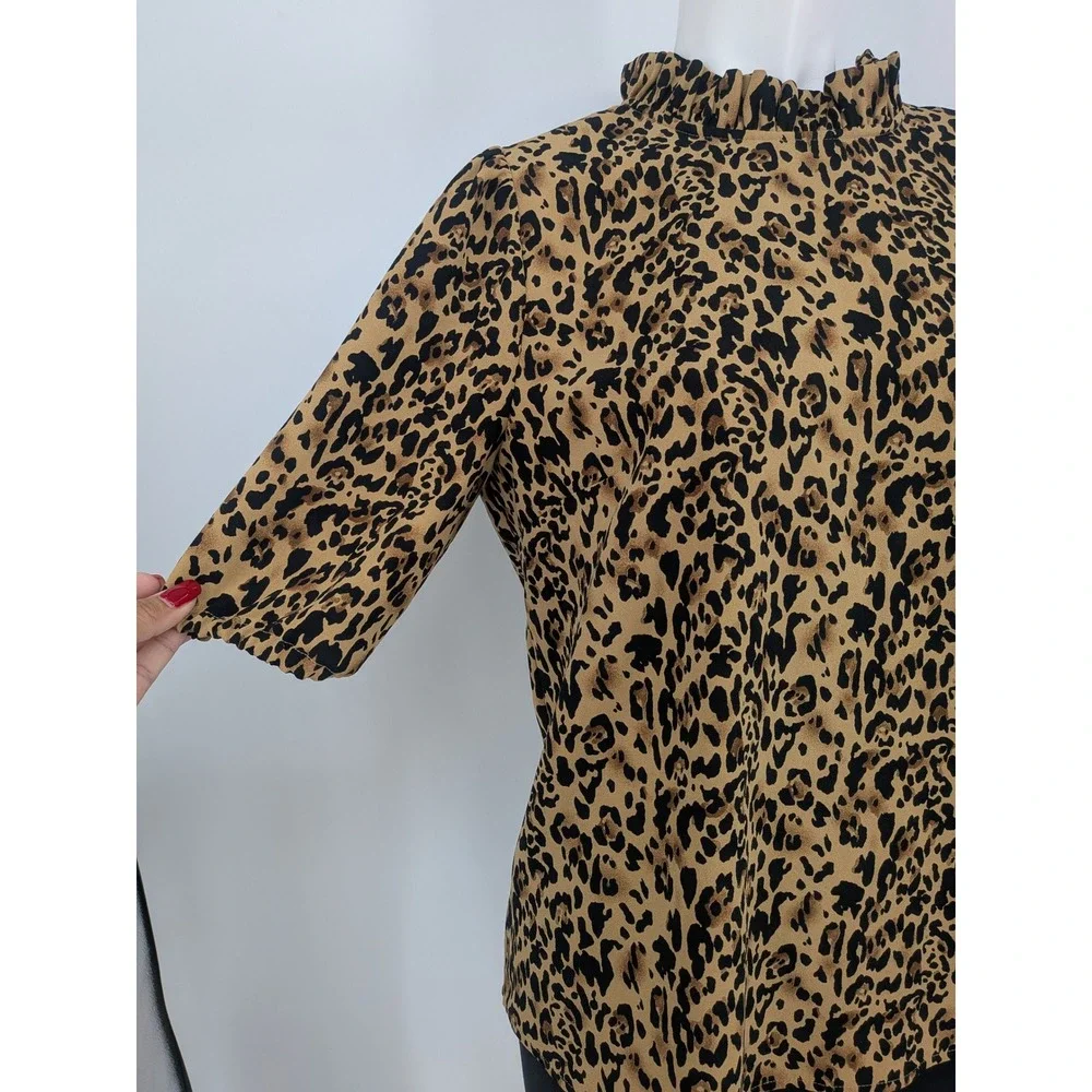 J Crew Leopard Print Ruffle Mock Neck Top Puff Sleeve Office Feminine Chic Small